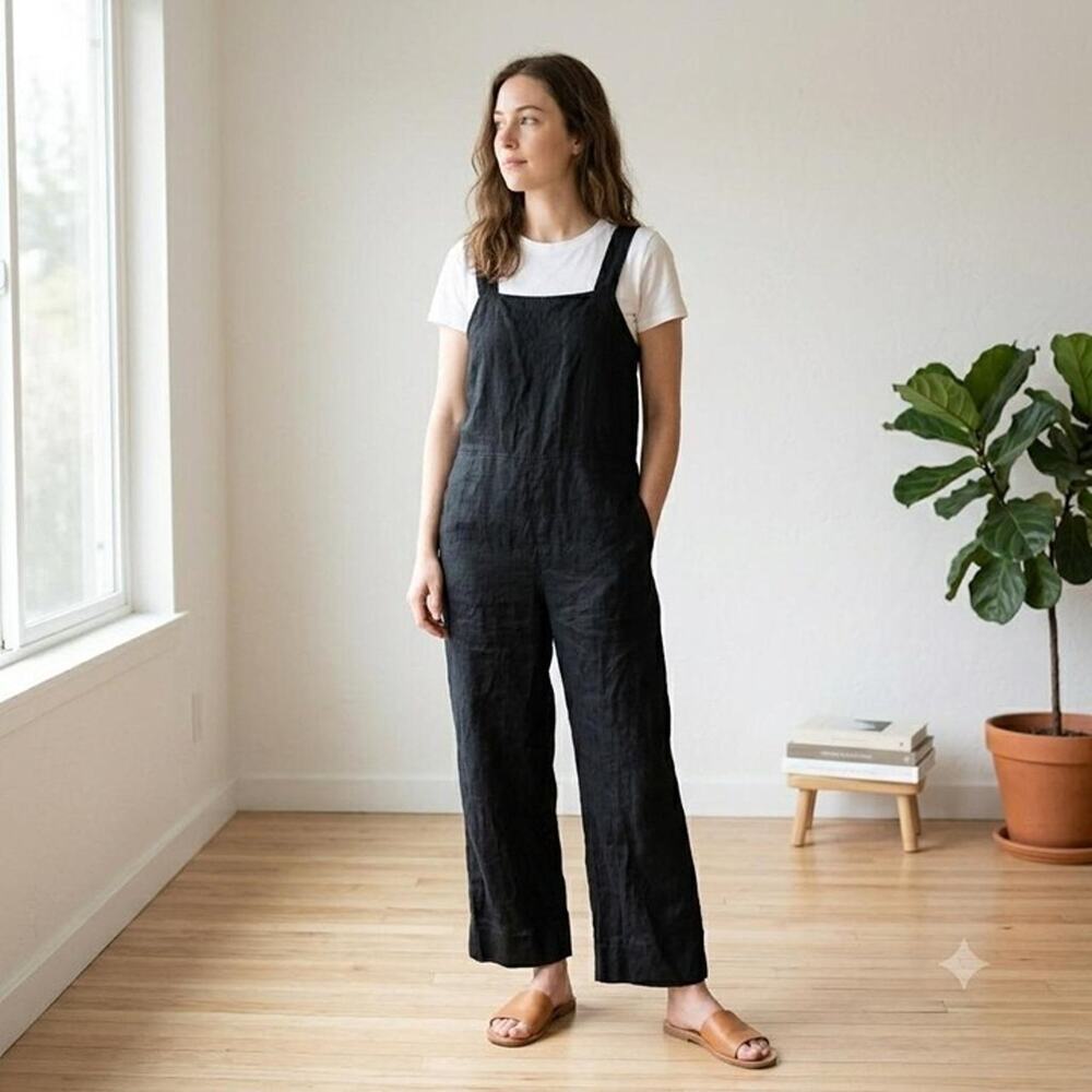 Everlane Black 100% Linen Square Neck Cropped Straight Leg Jumpsuit Size 2